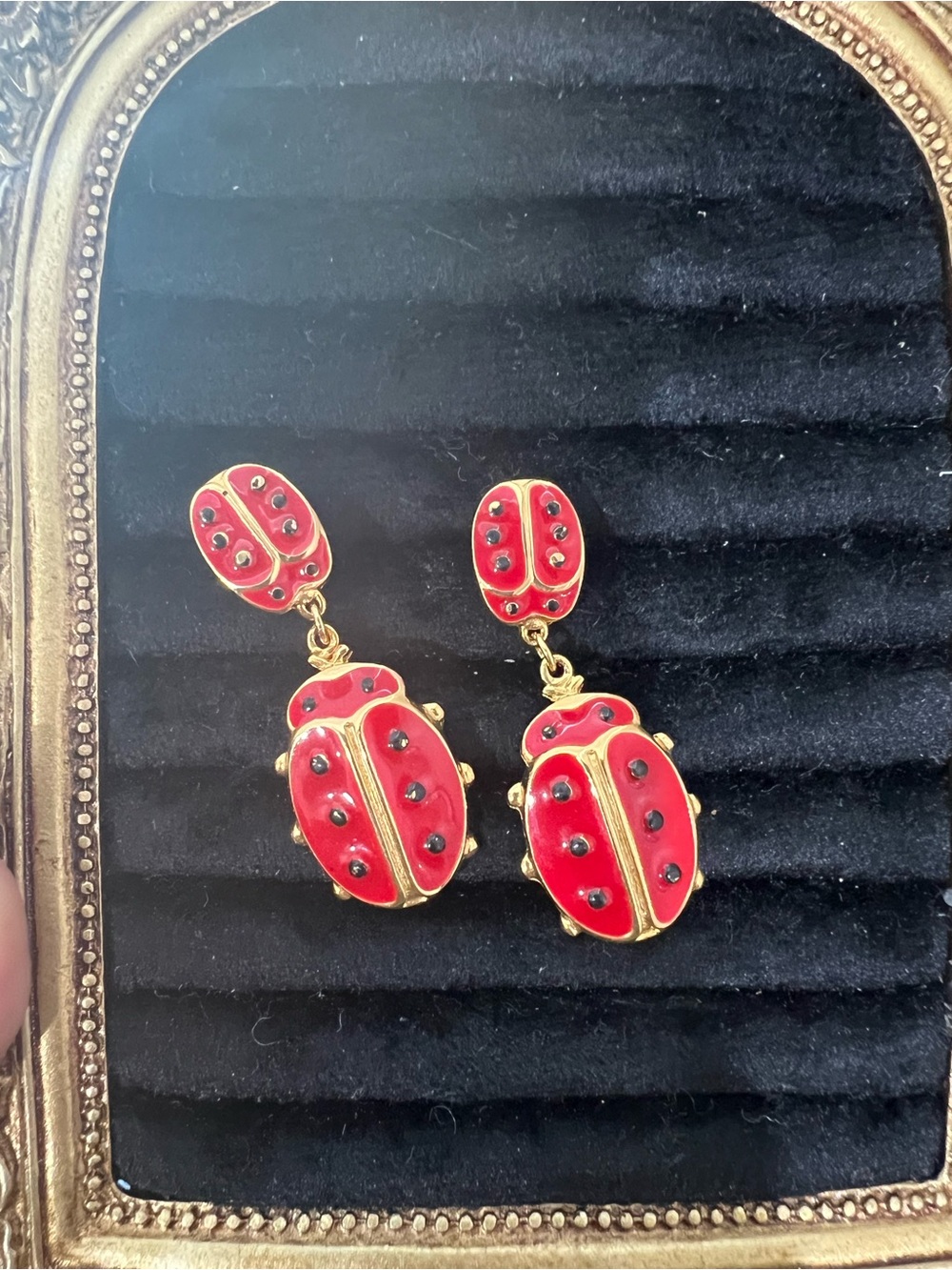 Craft vintage Red Ladybug Drop Earrings - Gold Tone